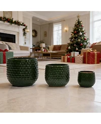 Clihome Handmade Glazed Ceramic Planter Set of 3, Diamond Pattern,for Outdoor Garden & Indoor StaircaseUse,Terracotta