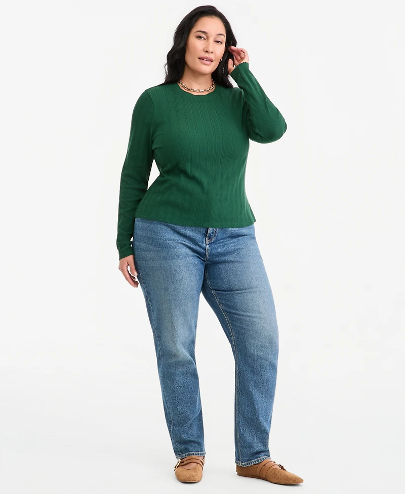 On 34th Plus Size Meet & Greet Pointelle Rib-Knit Jacquard Long-Sleeve Top, Macy's Exclusive