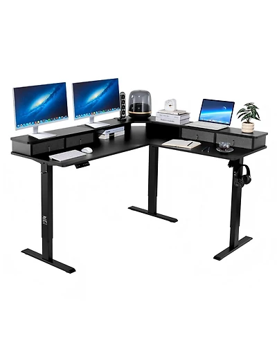Sugift L Shaped Electric Corner Gaming Desk with 4 Drawers and Power Strip