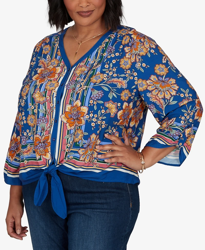 Ruby Rd. Plus Floral Vines Tied Button Front Blouse