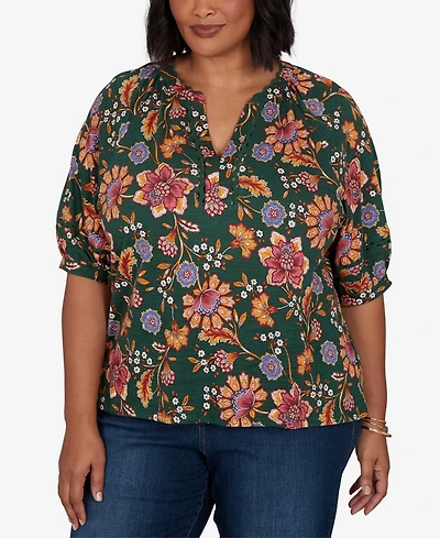 Ruby Rd. Plus Floral Vines Printed Cotton Knit Top