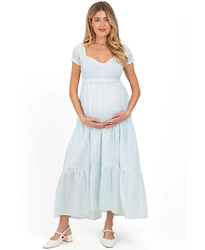 Pinkblush Women's Light Blue Floral Lace Trim Tiered Maxi Dress