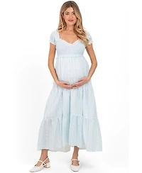 Pinkblush Women's Light Blue Floral Lace Trim Tiered Maxi Dress