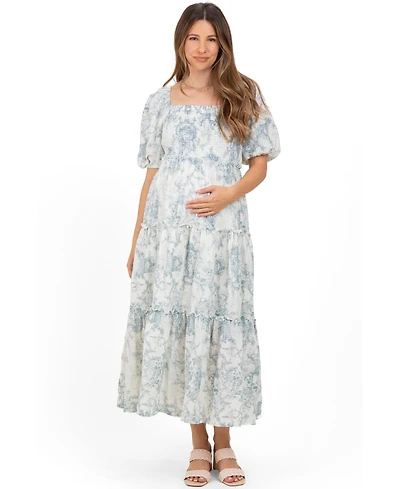 Pinkblush Women's Blue Vintage Floral Puff Sleeve Tiered Maxi Dress