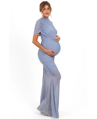 Pinkblush Women's Blue Draped Bodice Ruched Mesh Maxi Dress