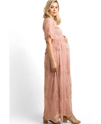 Pinkblush Women's Burgundy Lace Mesh Overlay Maxi Dress