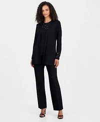 Anne Klein Womens Open Front Grommet Trim Cardigan Crewneck Grommet Trim Sleeveless Top