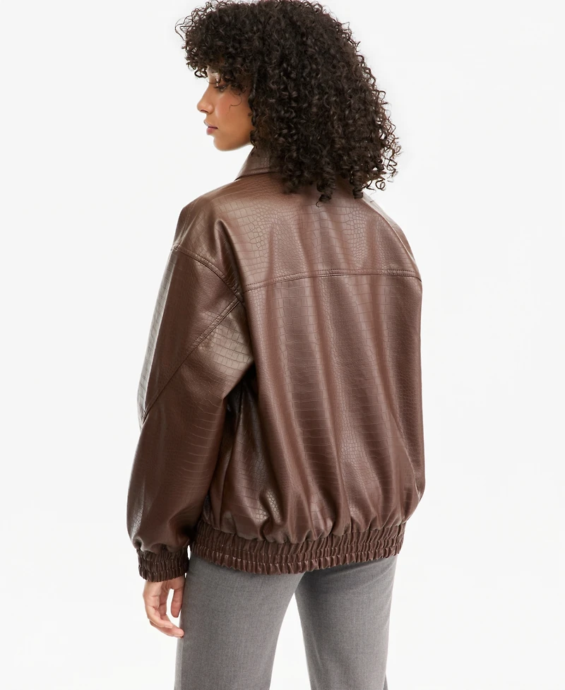 Bar Iii Women's Croc-Embossed Faux-Leather Oversized Bomber Jacket, Macy's Exclusive