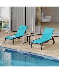 homfan Outdoor Chaise Lounge Chairs Set of 3, 5-Position Adjustable Backrest, Wheels and Side Table, Textilene Fabric, Metal Frame