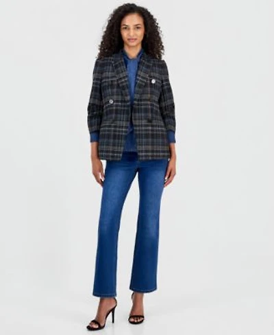 Anne Klein Womens Plaid Blazer Cotton Tie Neck Button Front Top Leo High Rise Bootcut Jeans