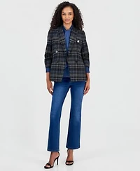 Anne Klein Womens Plaid Blazer Cotton Tie Neck Button Front Top Leo High Rise Bootcut Jeans