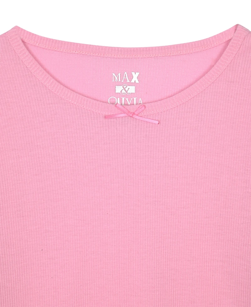 Max & Olivia Girls' 7-16 Rib Top, Milky Print Pants and Matching Scrunchie, 3-Piece Pajama Set