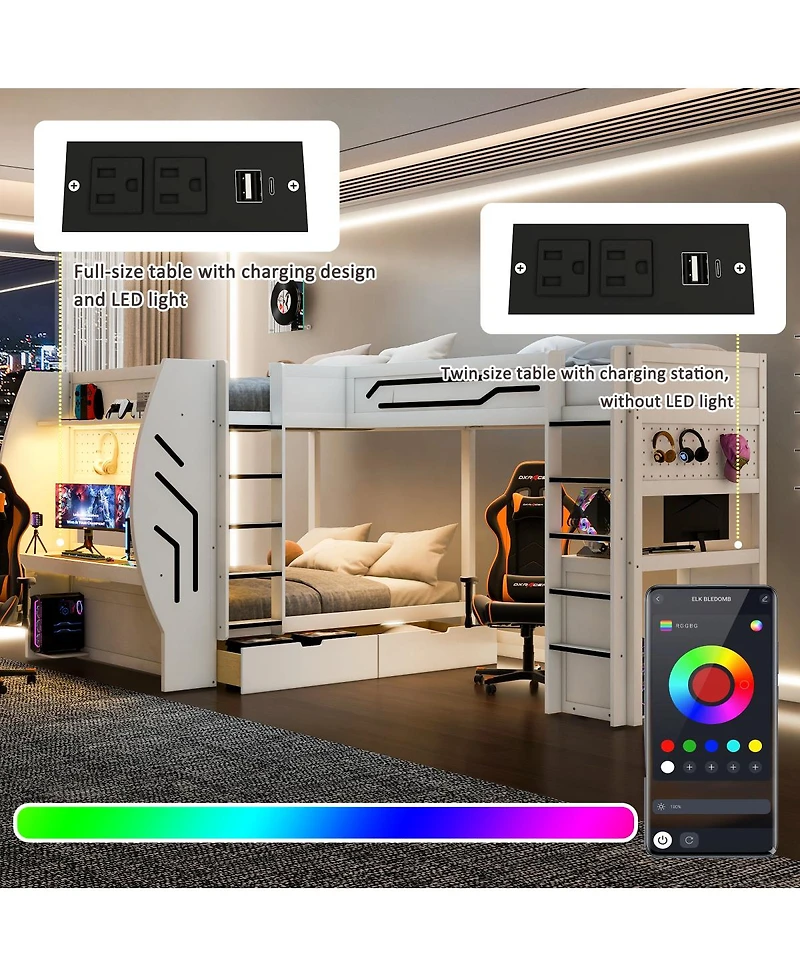 Streamdale Furniture L-Shaped 3-in-1 Gaming Bunk Bed with Desks, Charging Station and Storage