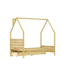 Streamdale Furniture Montessori Twin House Bed Frame with 2 Storage Drawers, Natural Wood