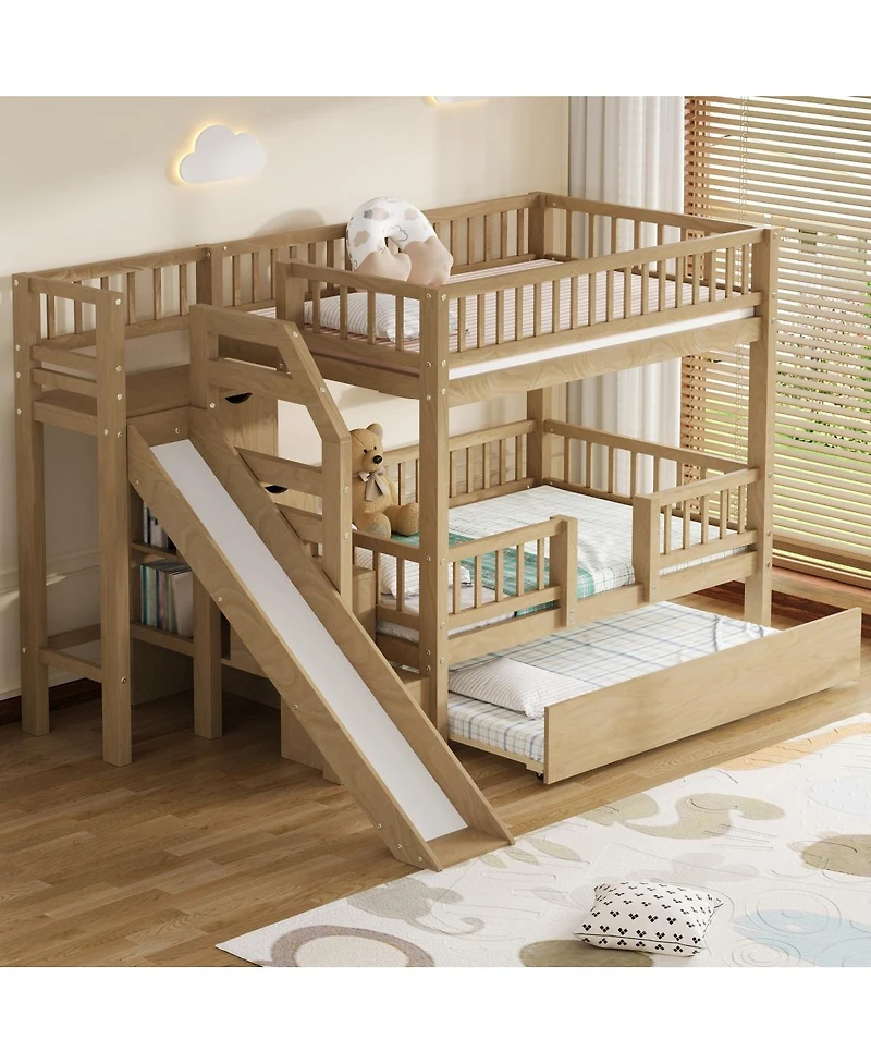 Streamdale Furniture Twin over Twin Bunk Bed with Storage Staircase, Slide and Trundle