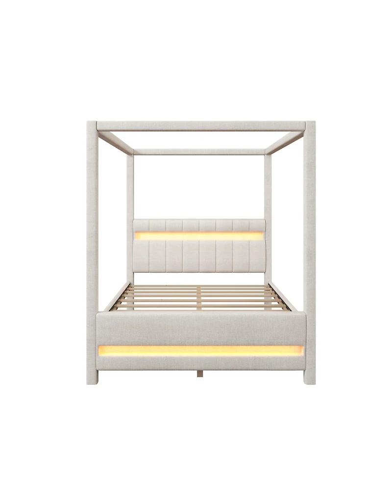 Streamdale Furniture Queen Size Upholstered Canopy Platform Bed with Led Lights