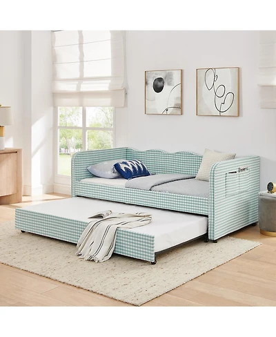 Streamdale Furniture Gingham Upholstered 3-in-1 Twin Daybed with Trundle and Storage