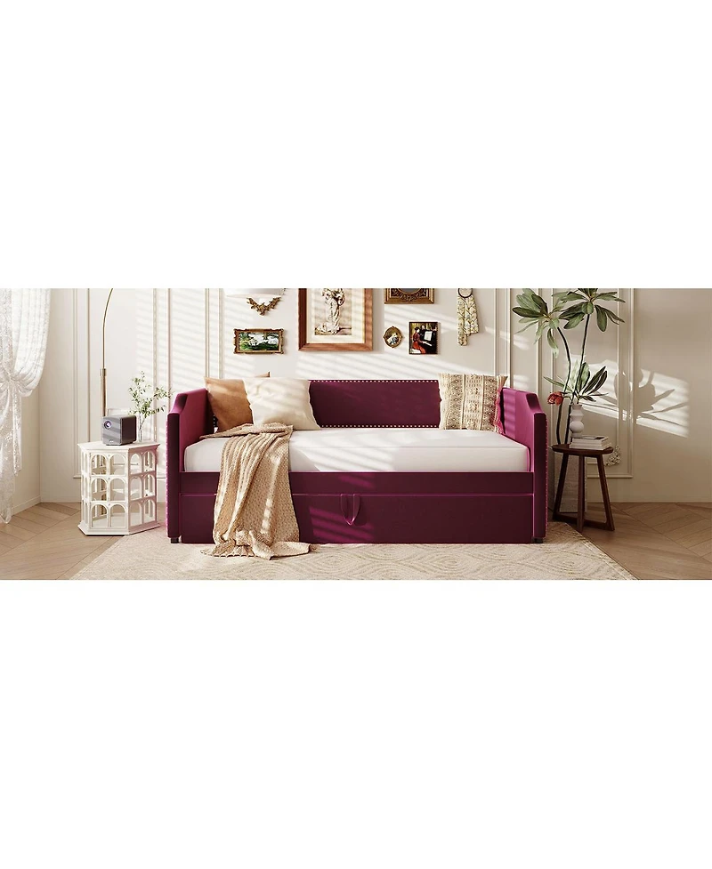 Streamdale Furniture Twin Size Velvet Upholstered Daybed with Pop Up Trundle