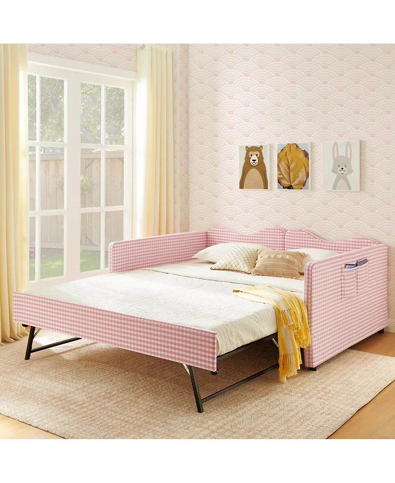 Streamdale Furniture Gingham Upholstered Full-Size Daybed with Trundle and Side Storage