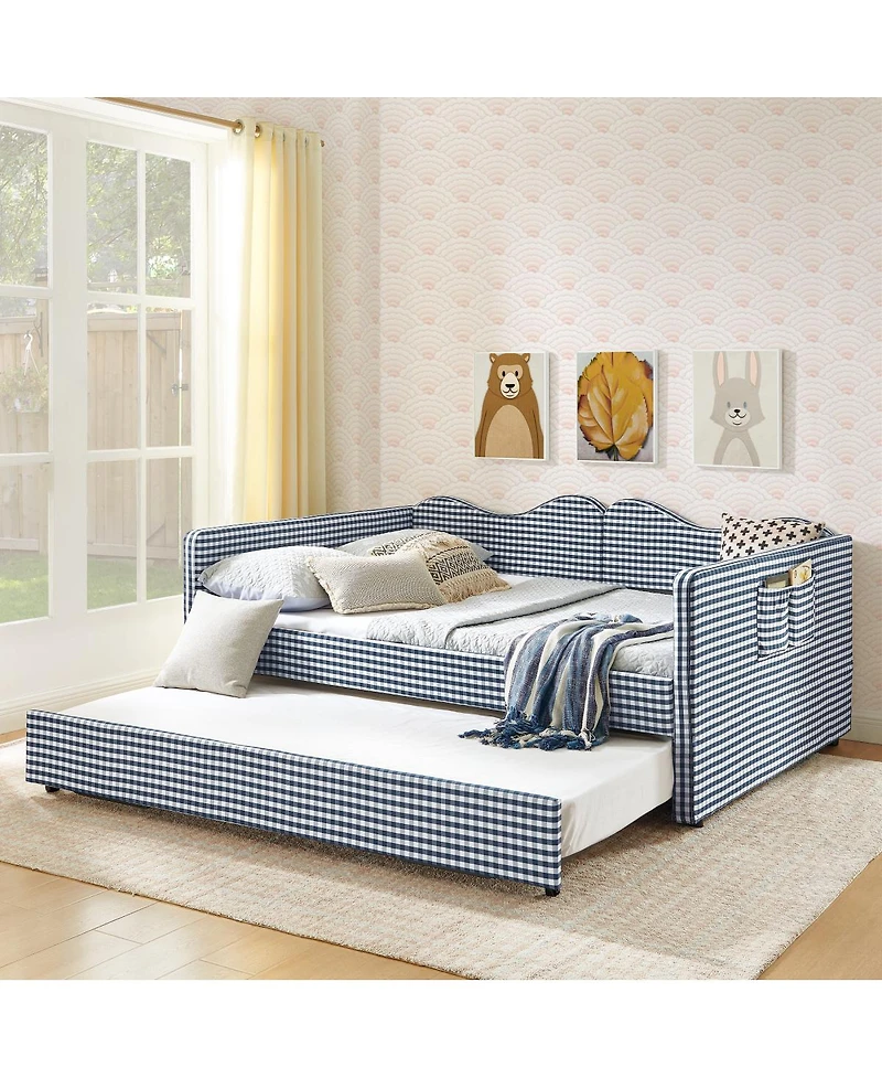 Streamdale Furniture Gingham Upholstered Full-Size Daybed with Trundle and Side Storage Pocket