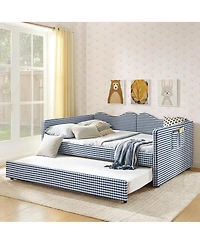 Streamdale Furniture Gingham Upholstered Full-Size Daybed with Trundle and Side Storage Pocket