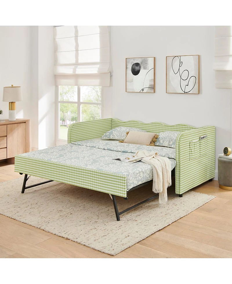 Streamdale Furniture Gingham Upholstered 3-in-1 Twin Daybed with Trundle and Side Pockets