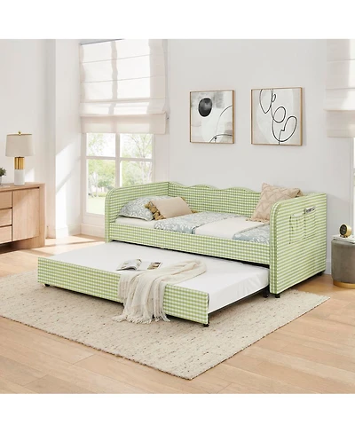 Streamdale Furniture Gingham Upholstered 3-in-1 Twin Daybed with Trundle and Side Pockets