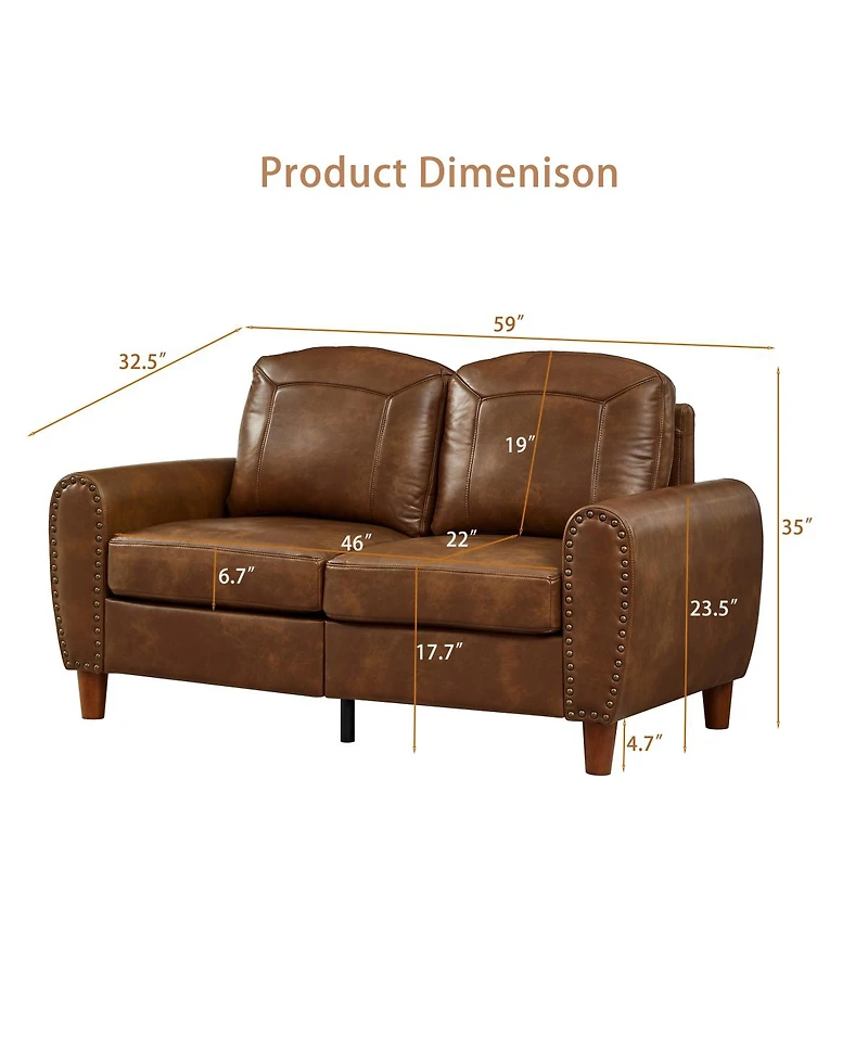 Streamdale Furniture 59" Classic Faux Leather Loveseat with Rolled Arms and Wood Legs