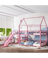 Streamdale Furniture Full Metal House Bunk Bed with Storage Stairs, Slide, Safety Rails