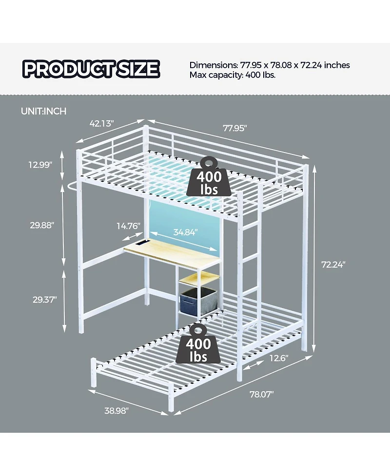 Streamdale Furniture Twin Over Twin Metal Bunk Bed with Ladder and Guardrail