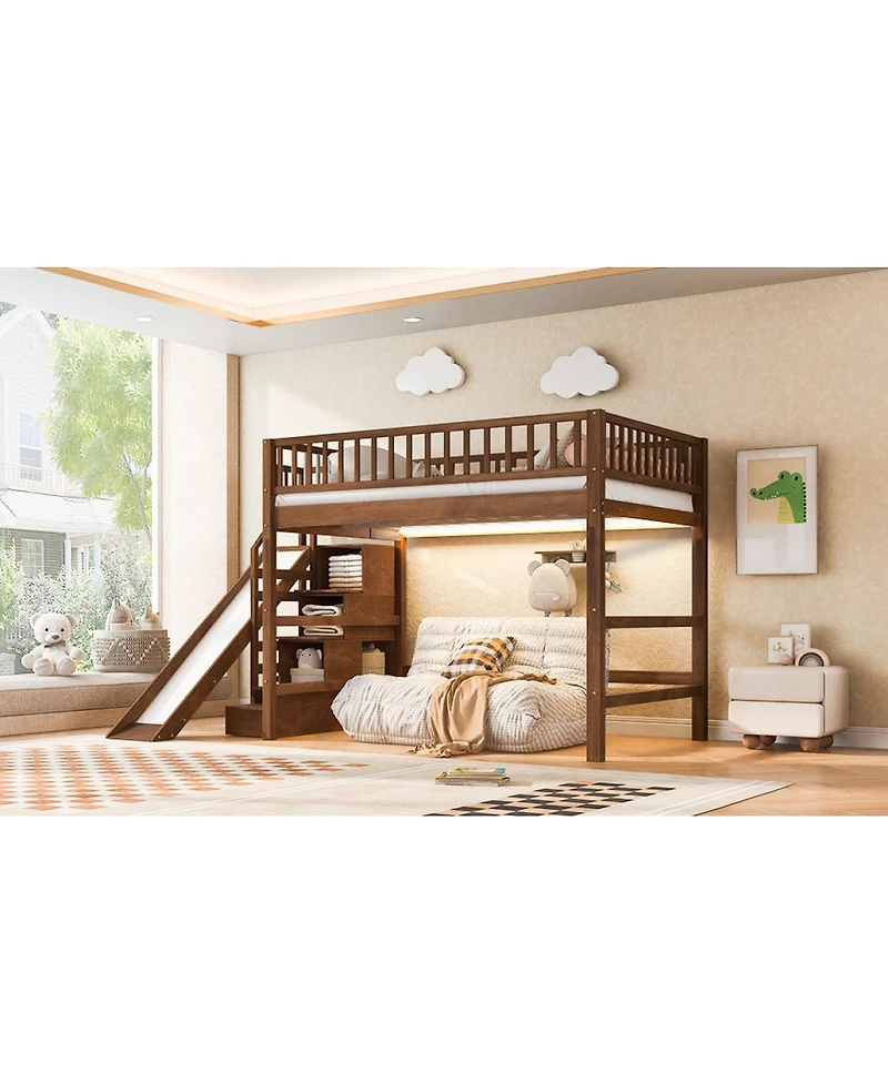 Streamdale Furniture Loft Bed with Storage Staircase, Slide and Led Light
