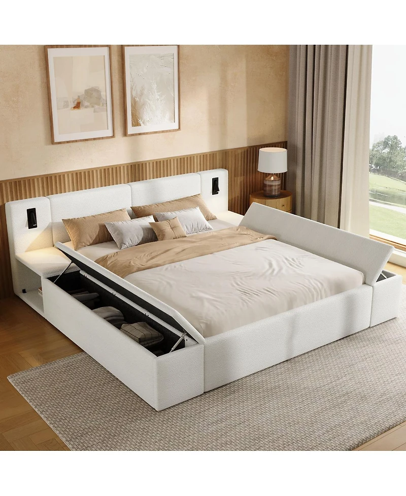 Streamdale Furniture Queen Teddy Fleece Platform Bed with Hidden Storage, Nightstands and Led Lights