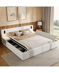 Streamdale Furniture Queen Teddy Fleece Platform Bed with Hidden Storage, Nightstands and Led Lights
