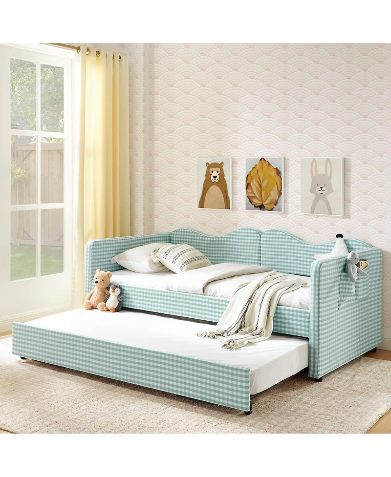 Streamdale Furniture Gingham Upholstered Twin Daybed with Pull-Out Trundle and Side Storage Pocket
