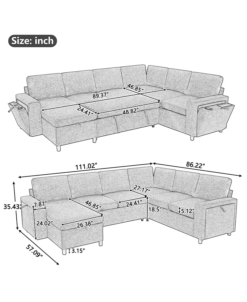 Streamdale Furniture U-Shaped Convertible Sectional Sofa Bed with Storage, Usb and Cup Holders