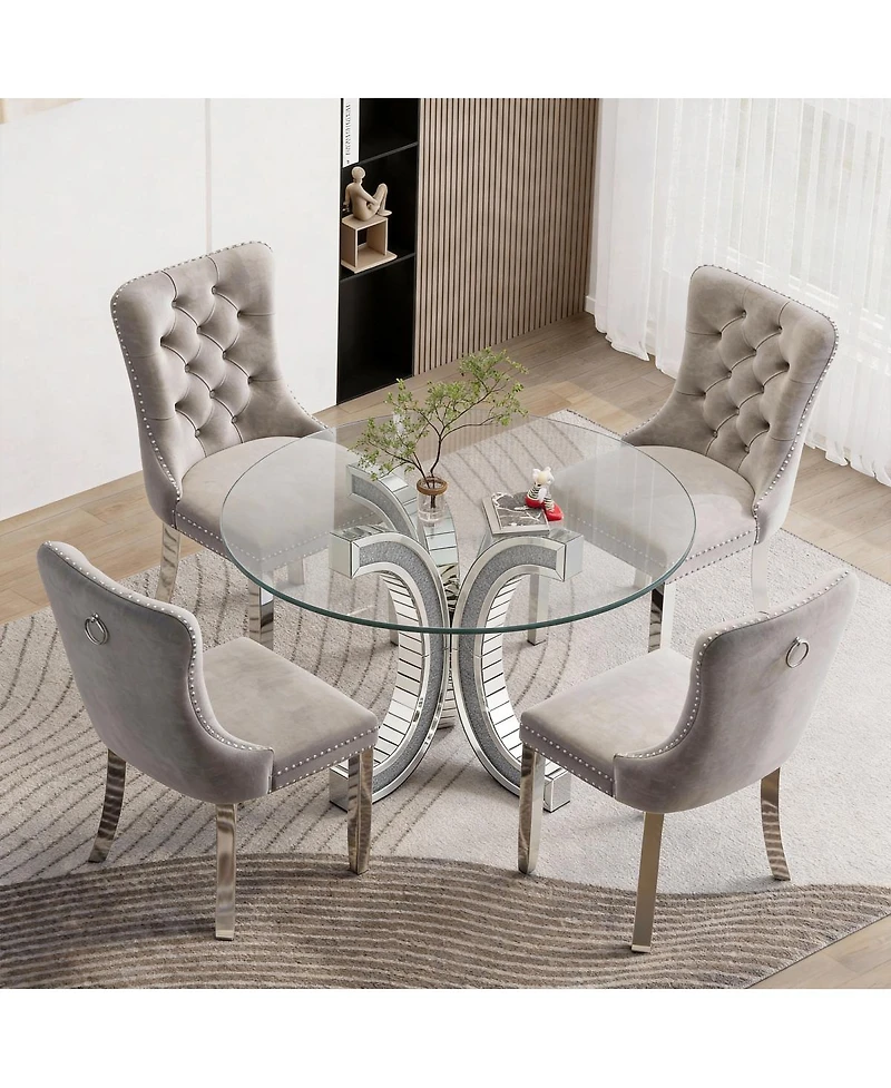Streamdale Furniture Crushed Diamond Mirrored Round Dining Table with C-Shape Base