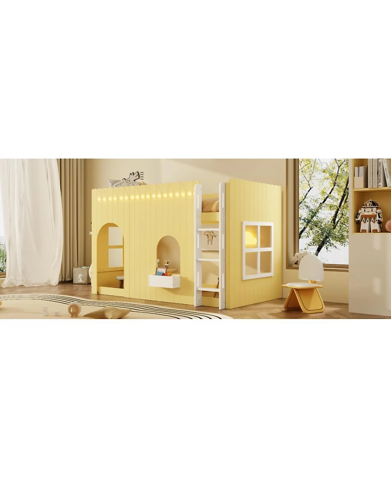 Streamdale Furniture Twin Size Kids Loft Bed with Warm Led Light String, Primrose