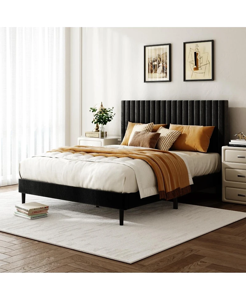 Streamdale Furniture Velvet Upholstered Full Size Platform Bed with Adjustable Headboard