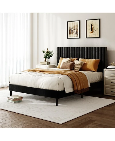 Streamdale Furniture Velvet Upholstered Full Size Platform Bed with Adjustable Headboard
