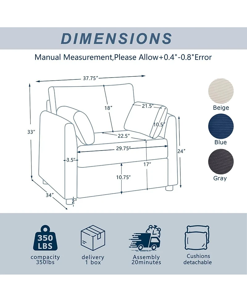 Streamdale Furniture Corduroy Accent Chair with Side Storage Pockets and 2 Pillows