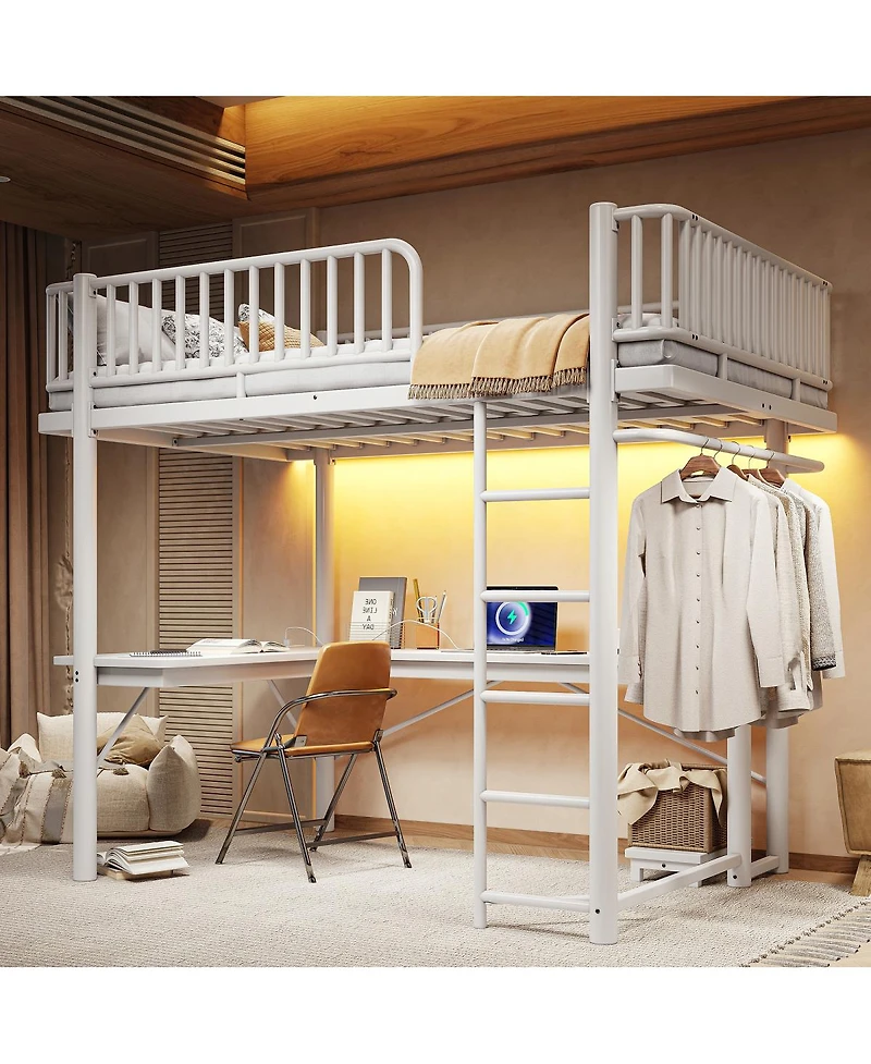 Streamdale Furniture Full Loft Bed with L-Shaped Desk, Led Lights, and Charging Station