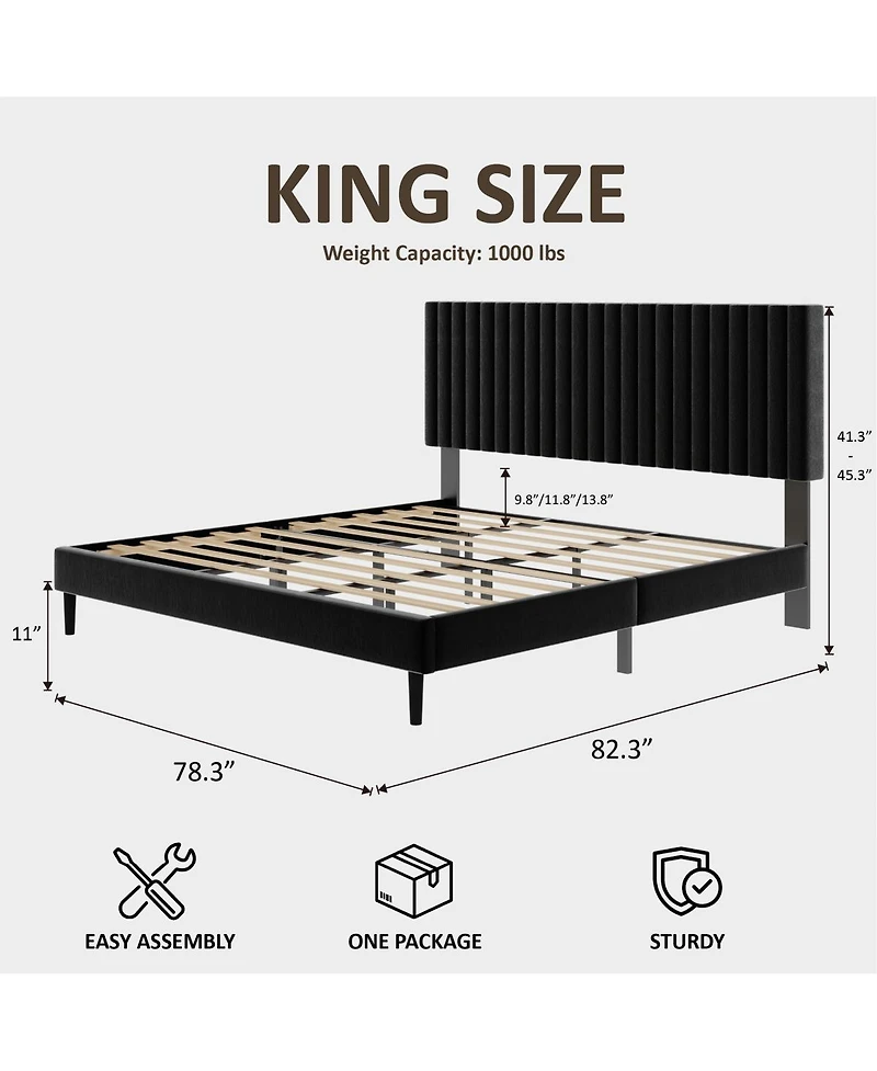 Streamdale Furniture King Size Velvet Upholstered Platform Bed with Adjustable Headboard