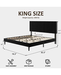 Streamdale Furniture King Size Velvet Upholstered Platform Bed with Adjustable Headboard