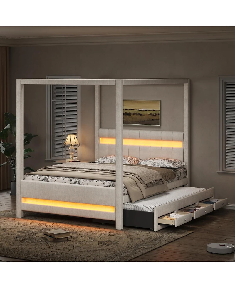 Streamdale Furniture Queen Upholstered Canopy Platform Bed with Led Lights, Trundle and 3 Drawers