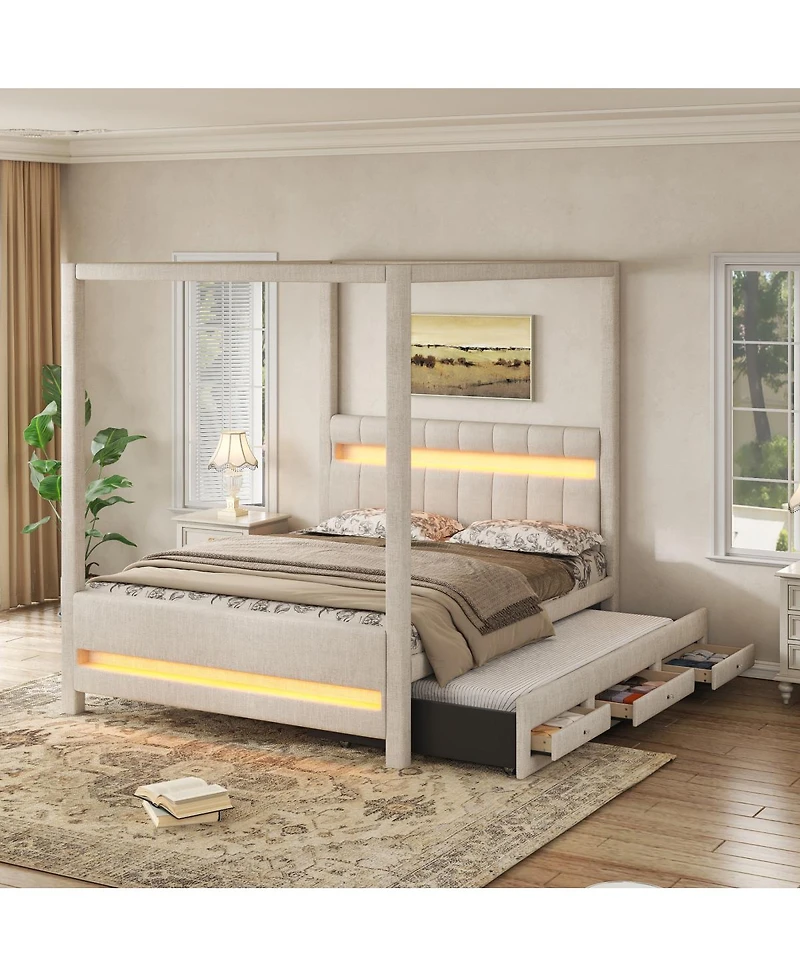 Streamdale Furniture Queen Upholstered Canopy Platform Bed with Led Lights, Trundle and 3 Drawers