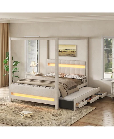 Streamdale Furniture Queen Upholstered Canopy Platform Bed with Led Lights, Trundle and 3 Drawers