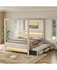 Streamdale Furniture Queen Upholstered Canopy Platform Bed with Led Lights, Trundle and 3 Drawers