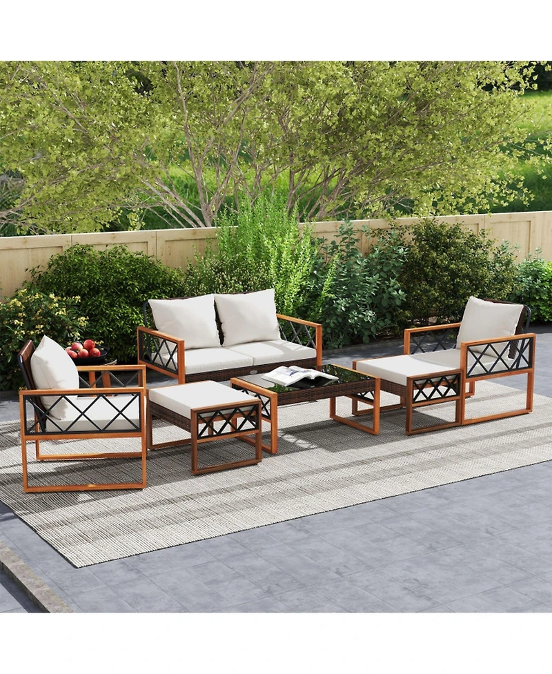 Sugift 7-Piece Pe Wicker Outdoor Sofa Set with Ottomans and Acacia Wood Accents