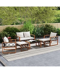Sugift 7-Piece Pe Wicker Outdoor Sofa Set with Ottomans and Acacia Wood Accents