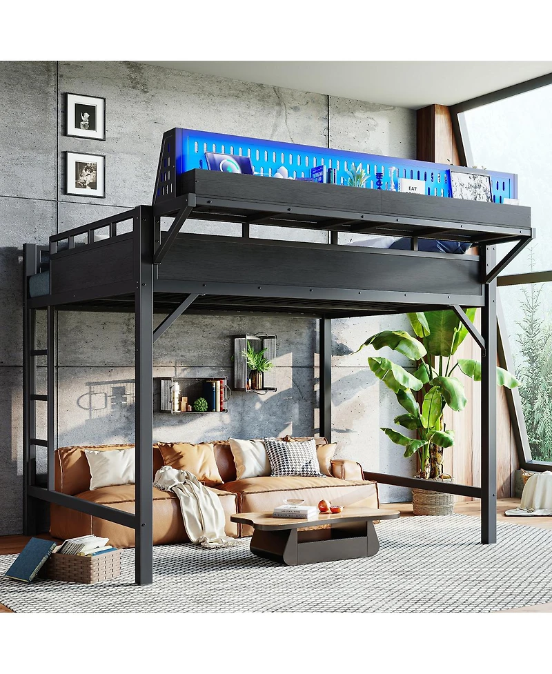 Streamdale Furniture Queen Loft Bed with Storage, Pegboard, Usb Ports, and Led Lights